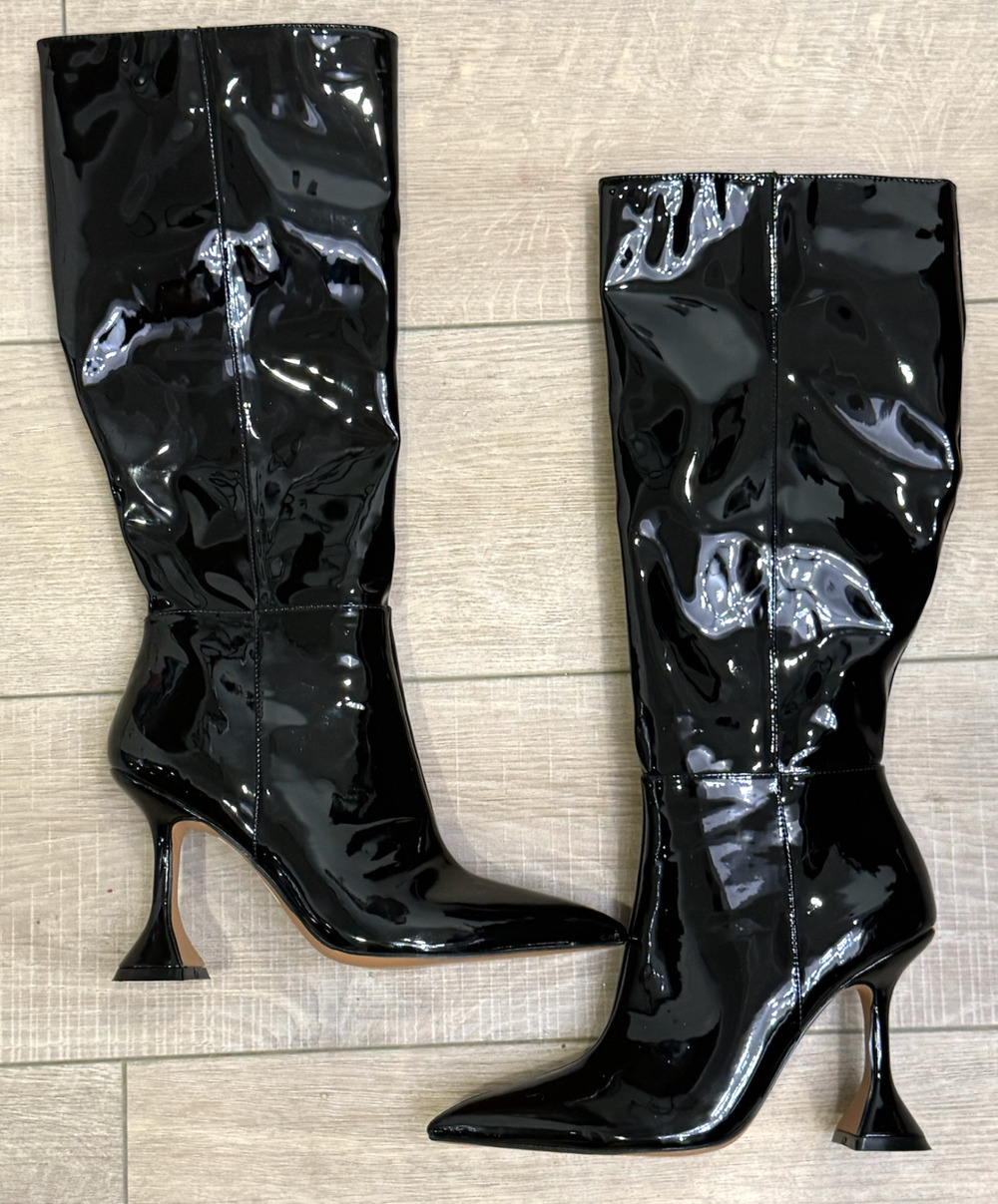 NEW ASOS BLACK PATENT CORTEZ HEELED KNEE HIGH HIGH HEEL BOOTS SIZE 8